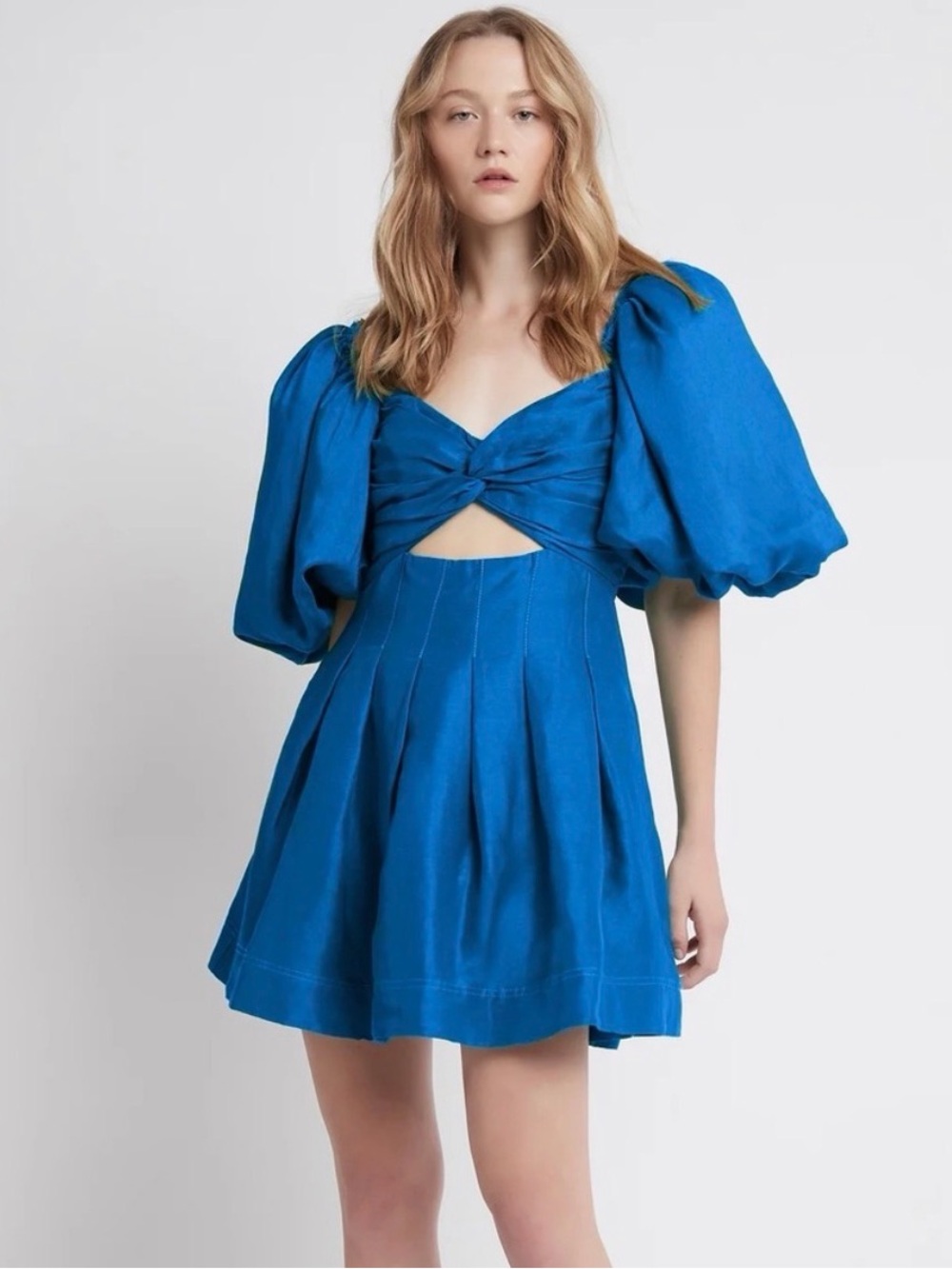 Aje Cobalt Blue Puff-Sleeve Twist-Front Mini Dress